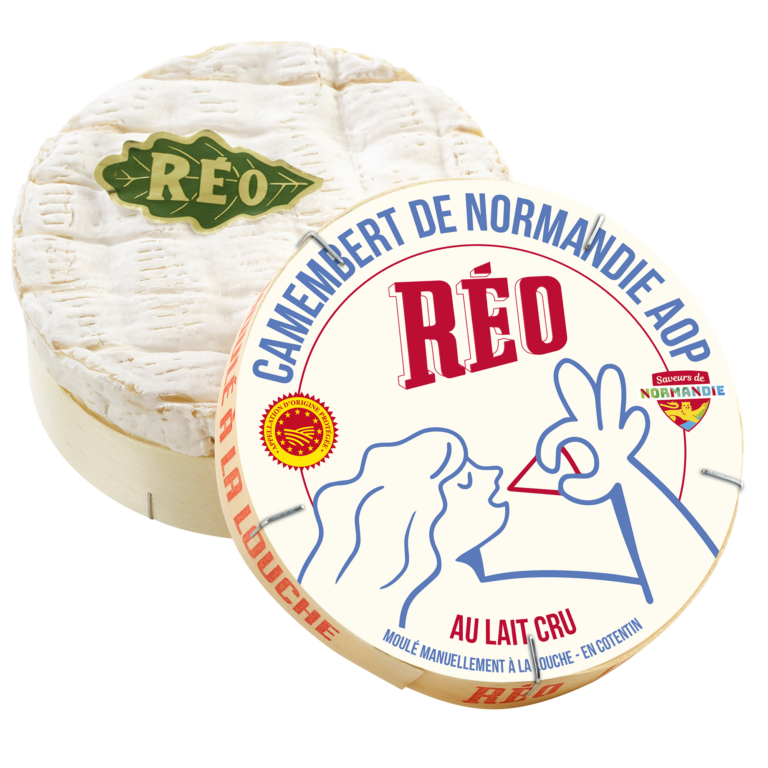 Reo étiquette de Camembert de Normandie avec illustration de femme