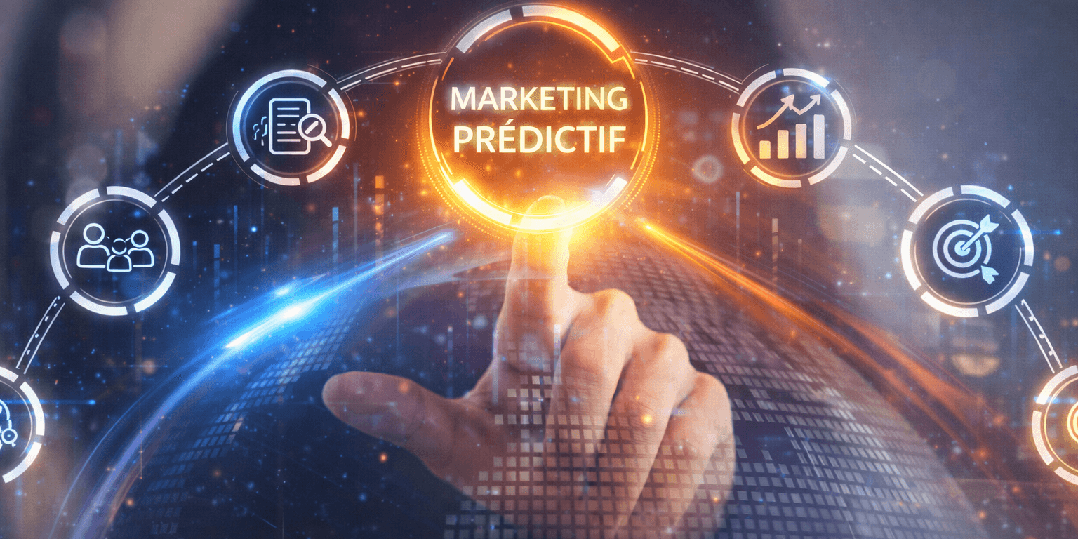 Marketing prédictif – Anticipez les besoins de vos clients grâce à l’IA et l’analyse de données Marketing prédictif : main touchant un écran holographique avec des icônes d'analyse de données, ciblage client et statistiques