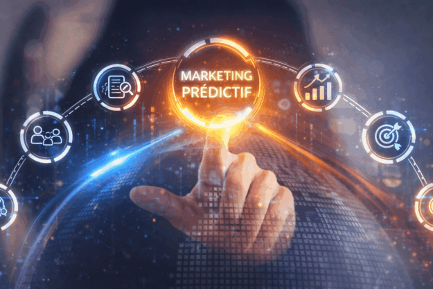 Marketing prédictif : main touchant un écran holographique avec des icônes d'analyse de données, ciblage client et statistiques