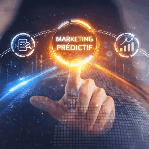 Marketing prédictif : main touchant un écran holographique avec des icônes d'analyse de données, ciblage client et statistiques